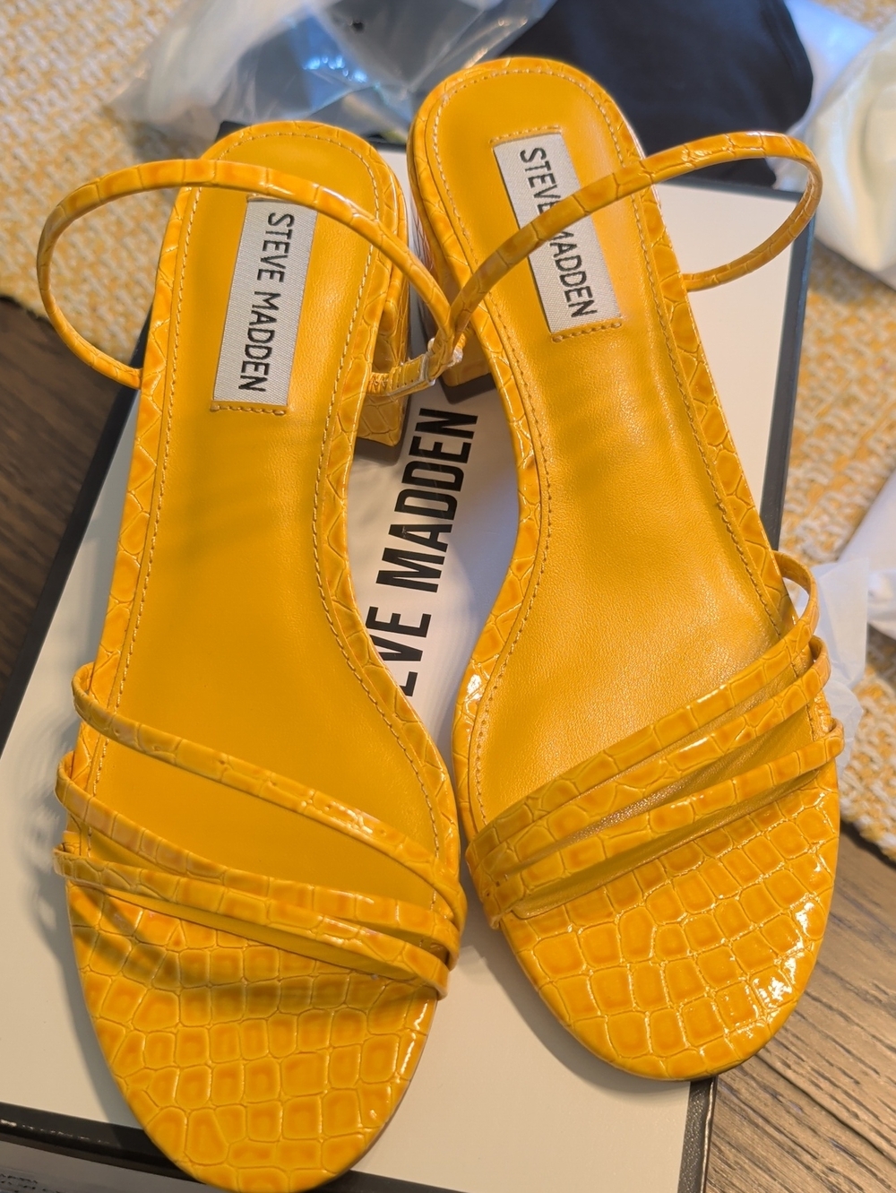Brand New Steve Madden Yellow Croc-Embossed Strappy Block Heel Sandals